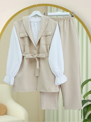 Modamorfo Sıfır Kol Önü Düğmeli Beli Kemerli Üçlü Takım  -Bej