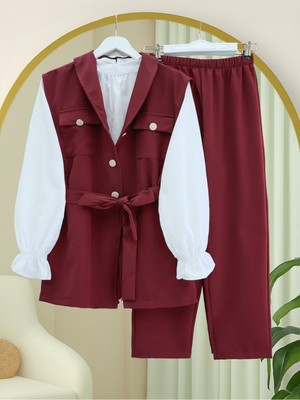 Moda Morfo Sıfır Kol Önü Düğmeli Beli Kemerli Üçlü Takım  -Bordo