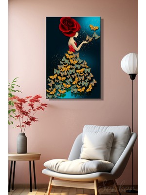 Şehber Modern Duvar Tablosu Dikey Kanvas Tekli Salon Mutfak Yatak Odası Ofis Kelebek Etekli Kadın
