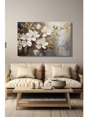 Şehber Yatay Tekli Kanvas Duvar Tablosu Modern Salon Mutfak Yatak Odası Ofis Gold Efekt Soyut Manolya