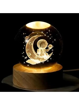 Derin Stok Ay Üstünde Astronot Tasarımlı Işıklı Cam Küre (Büyük Boy, 8 Cm)
