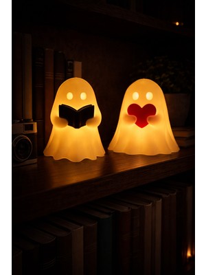 Printella 2’li LED Kitap Okuyan & Kalpli Hayalet Gece Lambası Dekoratif Masa Lambası