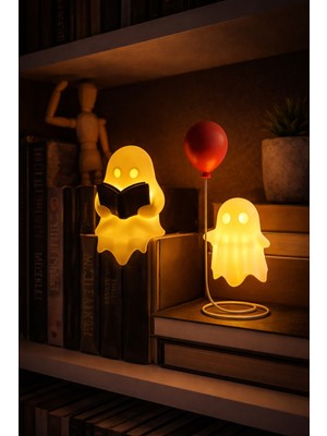Printella LED Kitap Okuyan Hayalet & Kırmızı Balonlu Hayalet Dekoratif Gece Lambası Seti