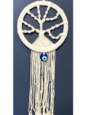 Derin Stok Nazar Boncuklu Ekru Renk Makrome Hayat Ağacı Duvar Süsü