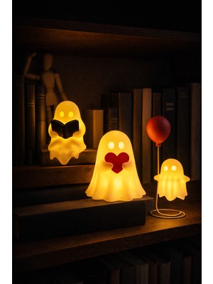 Printella 3’lü Hayalet Figür Dekoratif Set Kitap Okuyan Kalpli ve Balonlu Modern Tasarım
