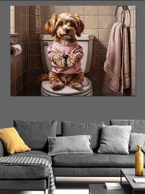 Karizma Tablo Klozet Üzerinde Oturan Küçük Köpek Dekoratif Kanvas - Mdf Ahşap Tablo