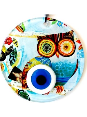 Derin Stok Bilgin Baykuş Nazar Boncuklu 12 Santimetre Füzyon Cam Duvar Süsü