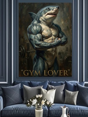 Karizma Tablo Gym Lover Kaslı Köpek Balığı Figürü Dekoratif Kanvas - Mdf Ahşap Tablo