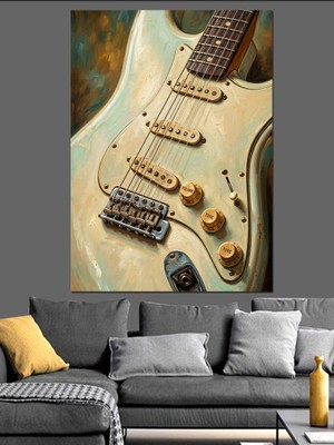 Karizma Tablo Eskitilmiş Dokulu Klasik Elektro Gitar Dekoratif Kanvas - Mdf Ahşap Tablo