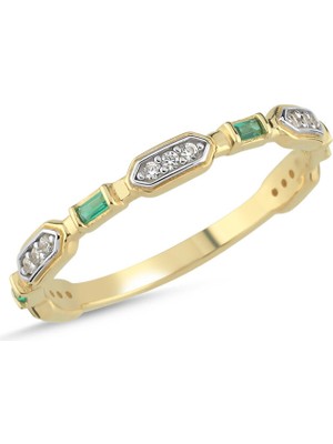 Sembol Gold 14 Ayar Altın Baget Taşlı Vintage Yüzük - Yeşil Taşlı