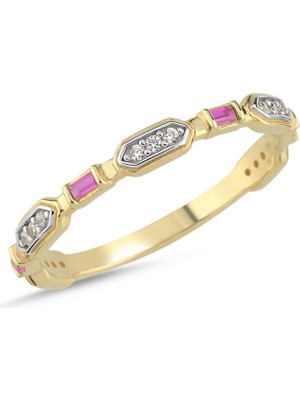 Sembol Gold 14 Ayar Altın Baget Taşlı Vintage Yüzük - Kırmızı Taşlı