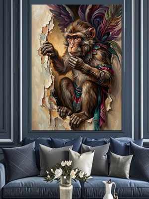 Karizma Tablo Elinde Meyve Tutan Karizmatik Şempanze Dekoratif Kanvas - Mdf Ahşap Tablo