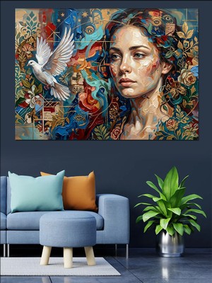 Karizma Tablo Çiçekler ve Kuşlu Kadın Portresi Dekoratif Kanvas - Mdf Ahşap Tablo