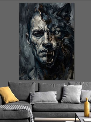 Karizma Tablo Yüzünün Yarısı Kurt Olan Adam Dekoratif Kanvas - Mdf Ahşap Tablo