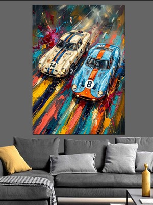 Karizma Tablo Yarış Pistinde Iki Klasik Otomobil Dekoratif Kanvas - Mdf Ahşap Tablo
