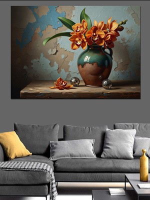 Karizma Tablo Vazoda Turuncu Çiçekler Natürmort Tablo Dekoratif Kanvas - Mdf Ahşap Tablo