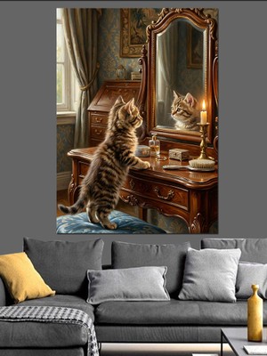 Karizma Tablo Aynada Kendine Bakan Yavru Kedi Dekoratif Kanvas - Mdf Ahşap Tablo