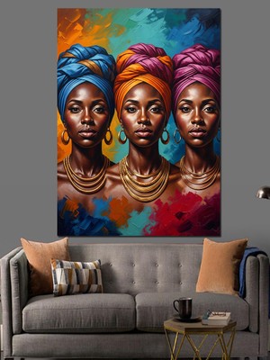 Karizma Tablo Üç Renkli Türbanlı Afrikalı Kadınlar Dekoratif Kanvas - Mdf Ahşap Tablo