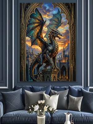 Karizma Tablo Vitray Cam Içinde Görkemli Ejderha Dekoratif Kanvas - Mdf Ahşap Tablo