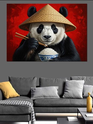 Karizma Tablo Pilav Yiyen Şapkalı Panda Portresi Dekoratif Kanvas - Mdf Ahşap Tablo
