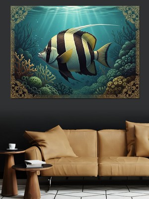 Karizma Tablo Sualtında Mercanlar Arasında Çizgili Balık Dekoratif Kanvas - Mdf Ahşap Tablo
