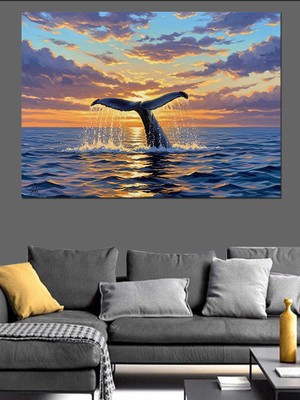 Karizma Tablo Gün Batımında Sıçrayan Balina Kuyruğu Dekoratif Kanvas - Mdf Ahşap Tablo