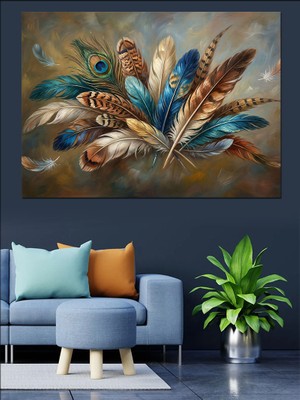 Karizma Tablo Etnik Tüylü ve Kuşlu Kompozisyon Dekoratif Kanvas - Mdf Ahşap Tablo