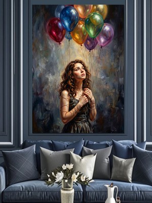 Karizma Tablo Balonlarla Uçan Küçük Kız Silüeti Dekoratif Kanvas - Mdf Ahşap Tablo