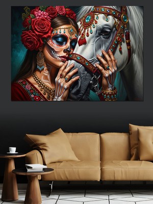 Karizma Tablo Çiçekli  Maskeli Kadın ve At Dekoratif Kanvas - Mdf Ahşap Tablo