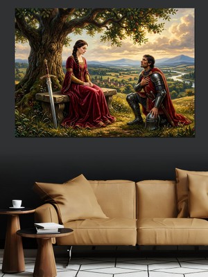 Karizma Tablo Ağaç Altında Şövalye ve Kadın Dekoratif Kanvas - Mdf Ahşap Tablo