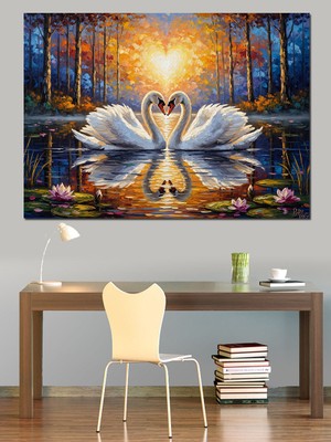 Karizma Tablo Göl Yüzeyinde Yüzen Zarif Kuğular Dekoratif Kanvas - Mdf Ahşap Tablo