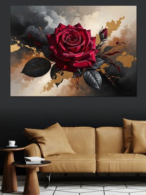 Karizma Tablo Karanlık Zemin Üzerinde Kırmızı Gül Dekoratif Kanvas - Mdf Ahşap Tablo