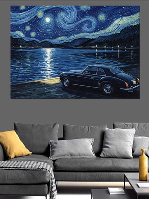 Karizma Tablo Gece Şehir Işıklarında Klasik Araba Dekoratif Kanvas - Mdf Ahşap Tablo