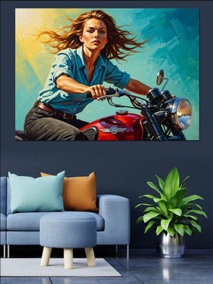 Karizma Tablo Motosiklete Binen Özgür Ruhlu Kadın Dekoratif Kanvas - Mdf Ahşap Tablo