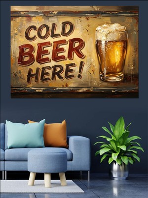 Karizma Tablo Cold Beer Here Retro Tabela Dekoratif Kanvas - Mdf Ahşap Tablo