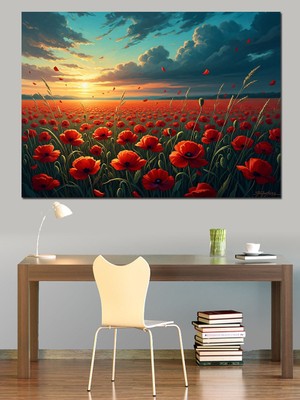 Karizma Tablo Gün Batımında Kırmızı Gelincik Tarlası Dekoratif Kanvas - Mdf Ahşap Tablo
