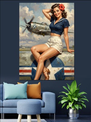 Karizma Tablo Uçak Kanadında Oturan Pin-Up Kadın Dekoratif Kanvas - Mdf Ahşap Tablo