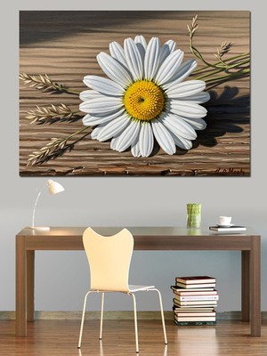 Karizma Tablo Ahşap Zemin Üzerinde Beyaz Papatya Dekoratif Kanvas - Mdf Ahşap Tablo