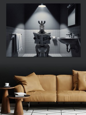 Karizma Tablo Tuvalette Gazete Okuyan Komik Zebra Dekoratif Kanvas - Mdf Ahşap Tablo