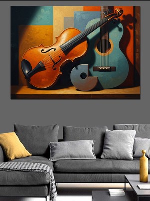 Karizma Tablo Klasik Gitar ve Keman Yan Yana Dekoratif Kanvas - Mdf Ahşap Tablo
