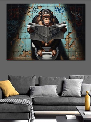 Karizma Tablo Gazete Okuyan Şempanze Banyo Tablosu Dekoratif Kanvas - Mdf Ahşap Tablo