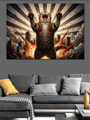 Karizma Tablo Patlama Arkasında Duran Öfkeli Kedi Dekoratif Kanvas - Mdf Ahşap Tablo