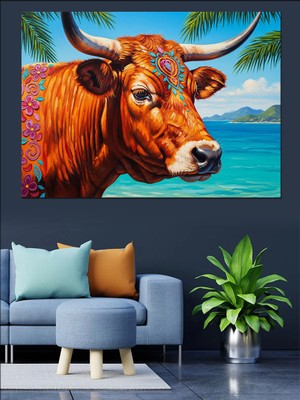 Karizma Tablo Çiçekli ve Desenli Boğa Başı Dekoratif Kanvas - Mdf Ahşap Tablo