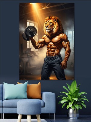 Karizma Tablo Kaslı Vücut Geliştiren Aslan Figürü Dekoratif Kanvas - Mdf Ahşap Tablo