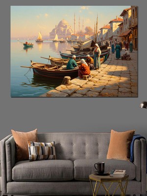 Karizma Tablo Limanda Bekleyen Geleneksel Sandallar Dekoratif Kanvas - Mdf Ahşap Tablo