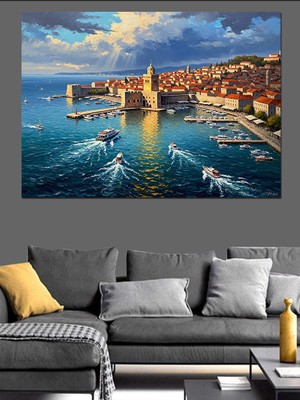 Karizma Tablo Gün Batımında Tarihi Şehir Sahili Dekoratif Kanvas - Mdf Ahşap Tablo