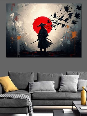 Karizma Tablo Güneşin Önünde Savaşçı Samuray Silüeti Dekoratif Kanvas - Mdf Ahşap Tablo