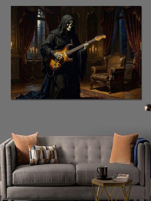 Karizma Tablo Gitarlı Pelerinli Azrail Müzisyen Figürü Dekoratif Kanvas - Mdf Ahşap Tablo