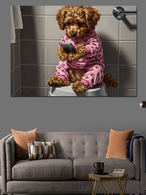 Karizma Tablo Tuvalette Telefonla Oynayan Köpek Dekoratif Kanvas - Mdf Ahşap Tablo