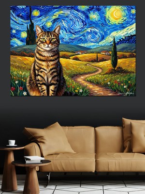 Karizma Tablo Van Gogh Tarzı Yıldızlı Gece Kedisi Dekoratif Kanvas - Mdf Ahşap Tablo